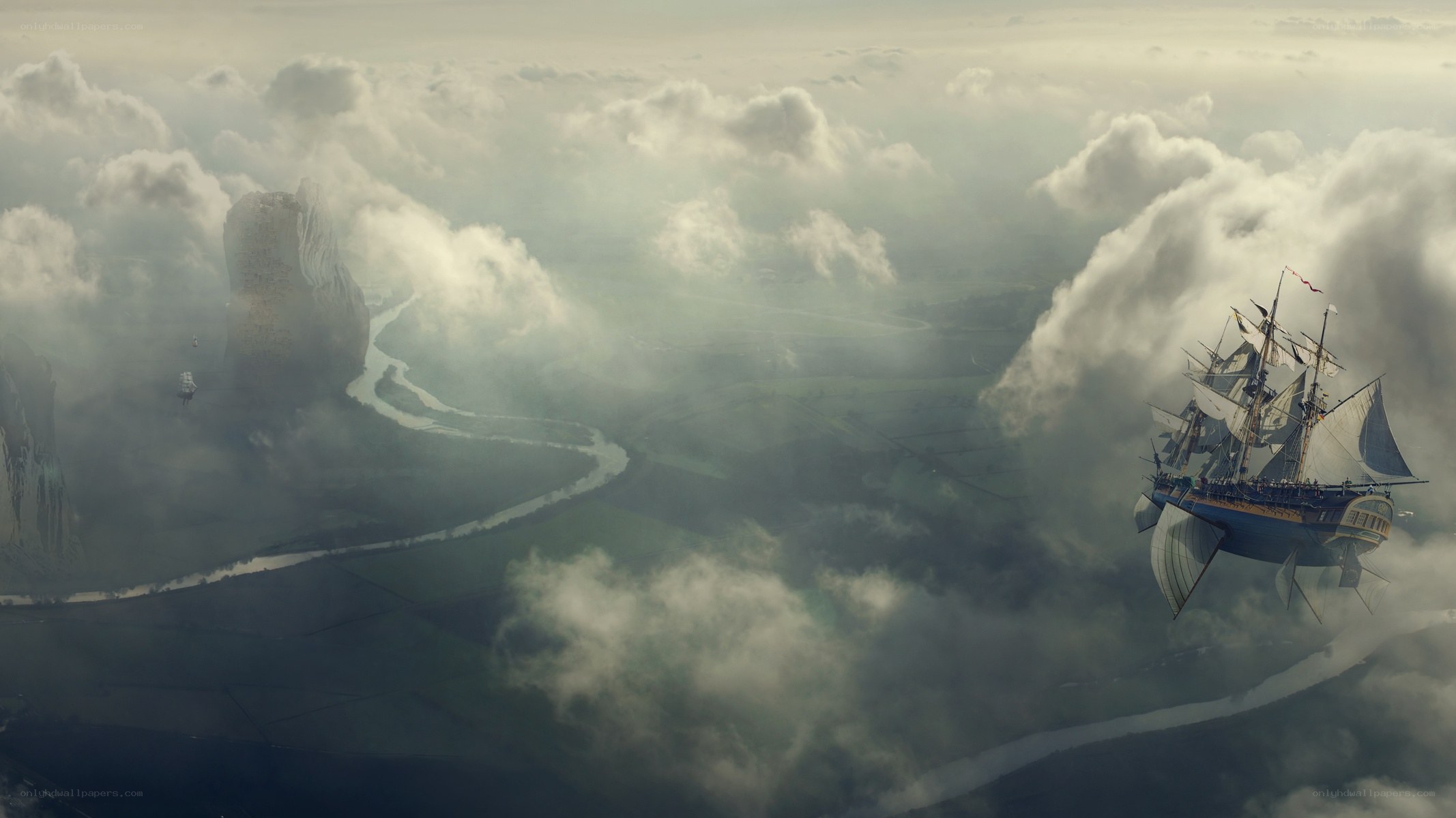 flying ship over clouds