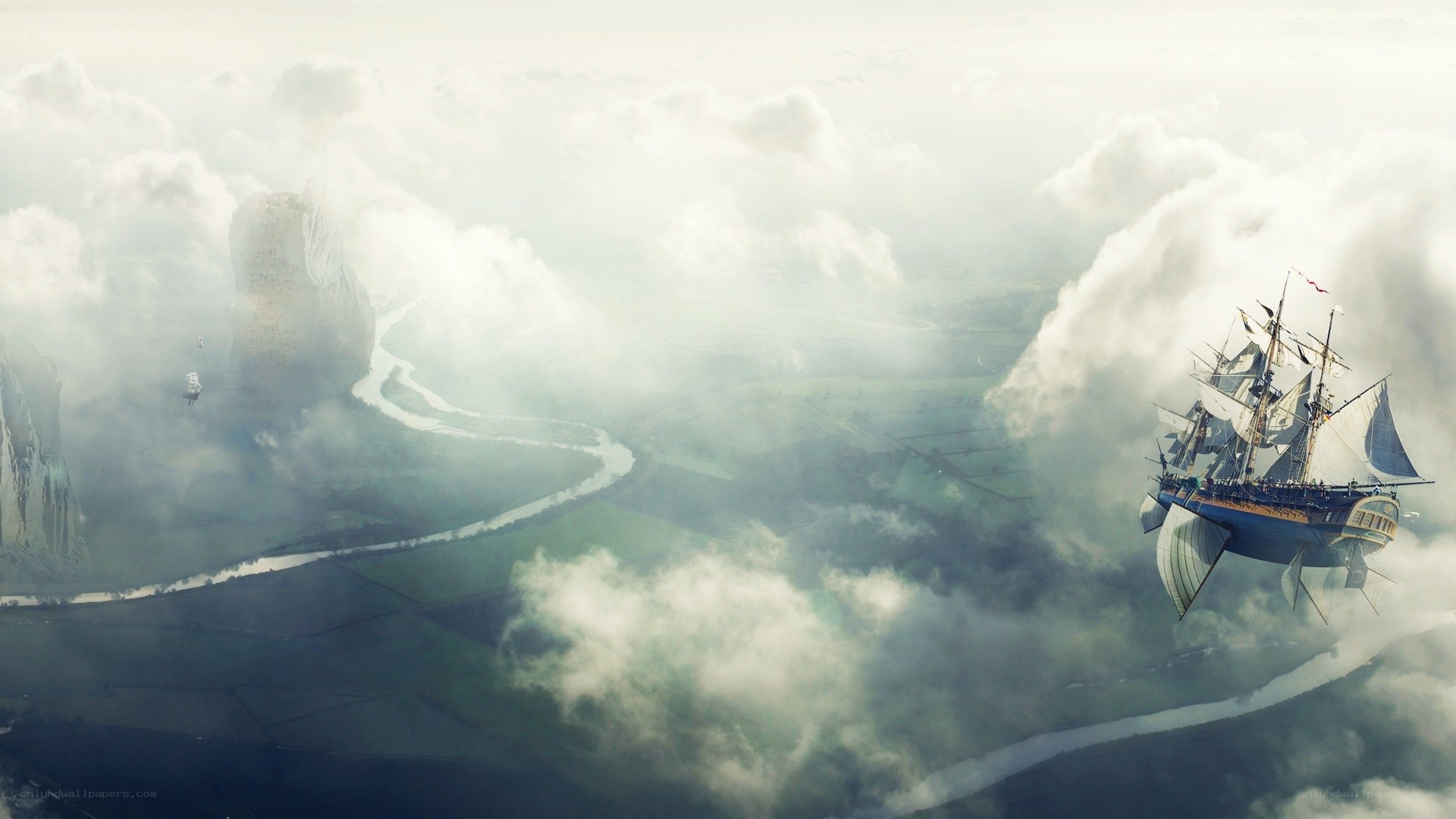 flying ship over clouds
