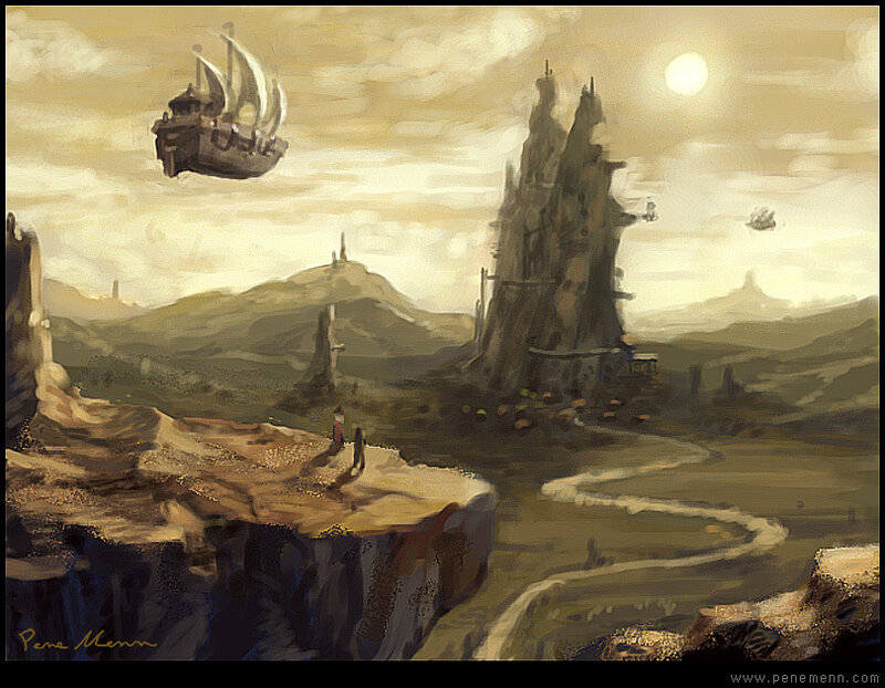 flying ship over desert landscape