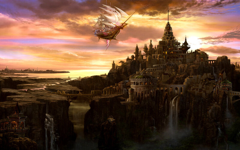 flying ship over fantasy city