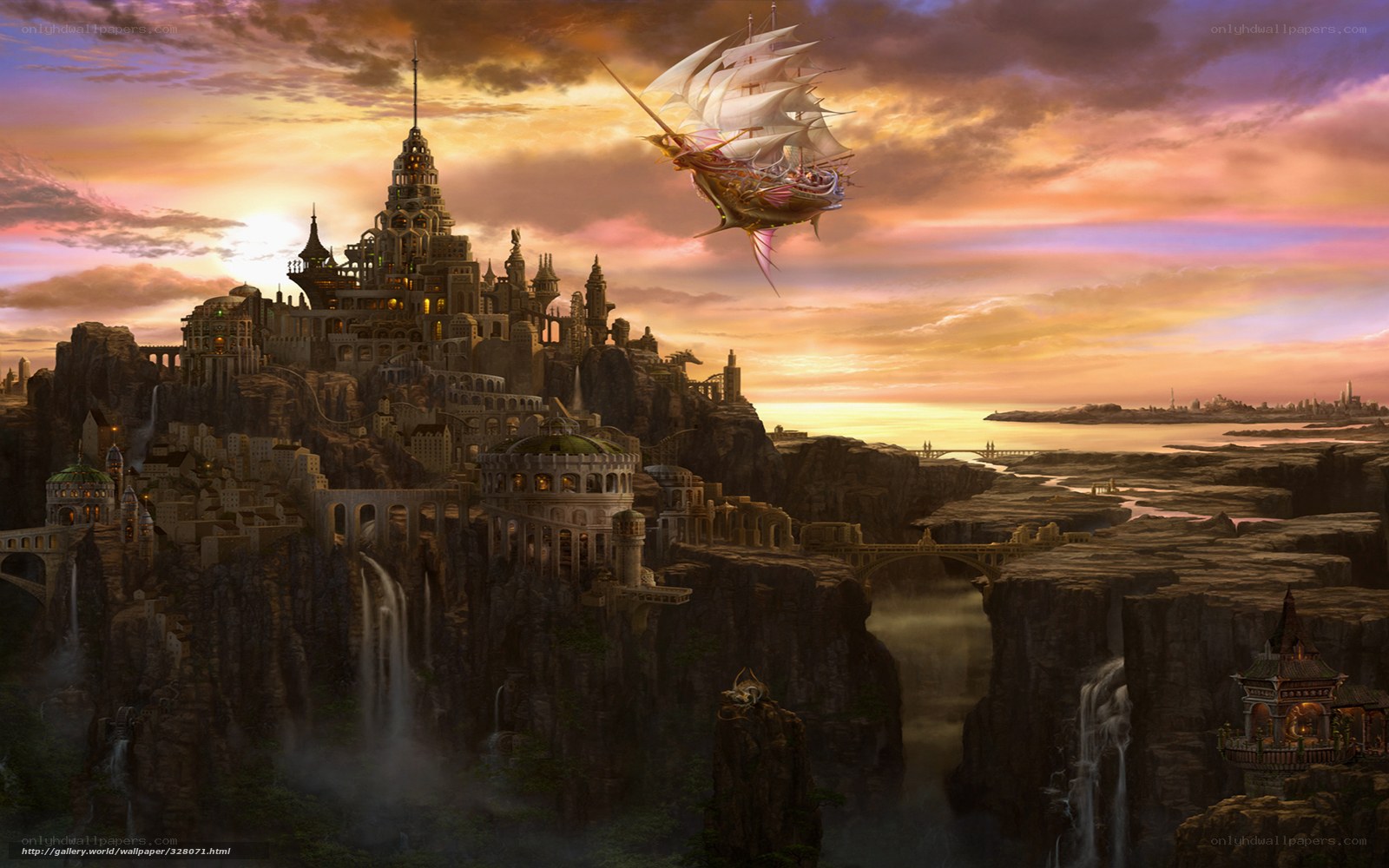 flying ship over fantasy city