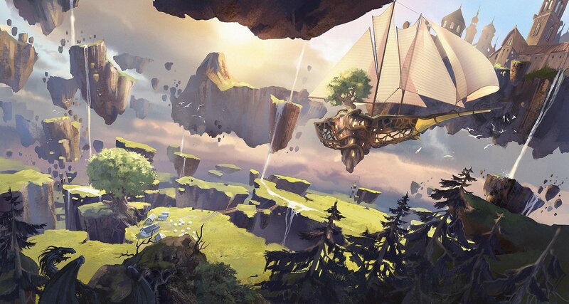flying ship over floating islands