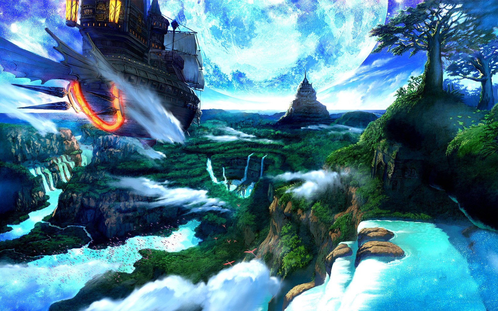 Flying ship over lush canyon