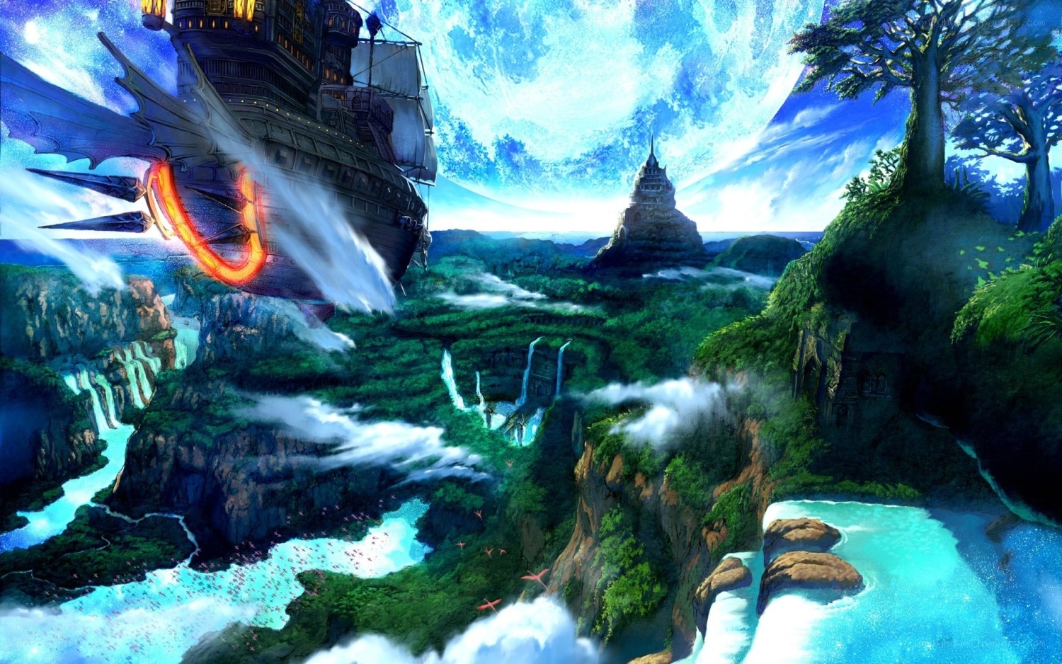 flying ship over lush canyon