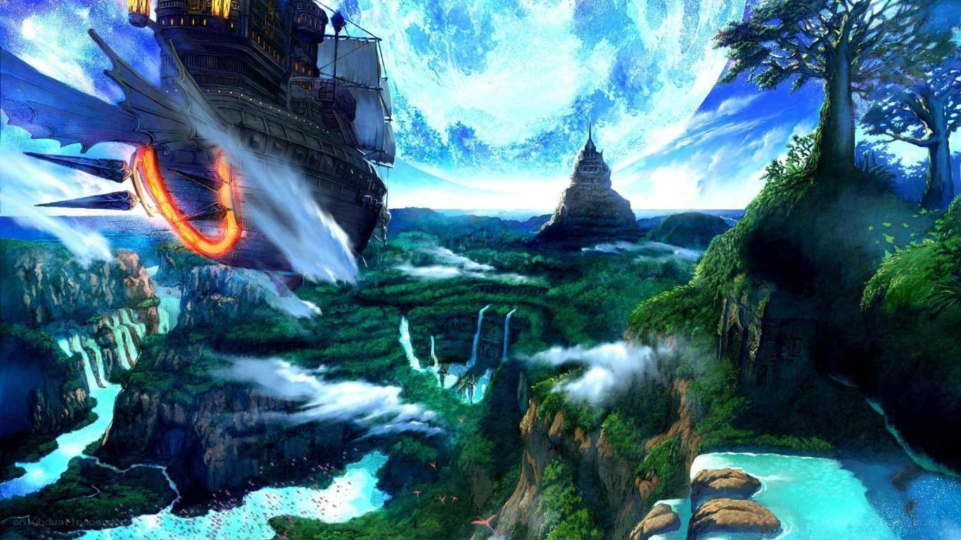 flying ship over lush canyon