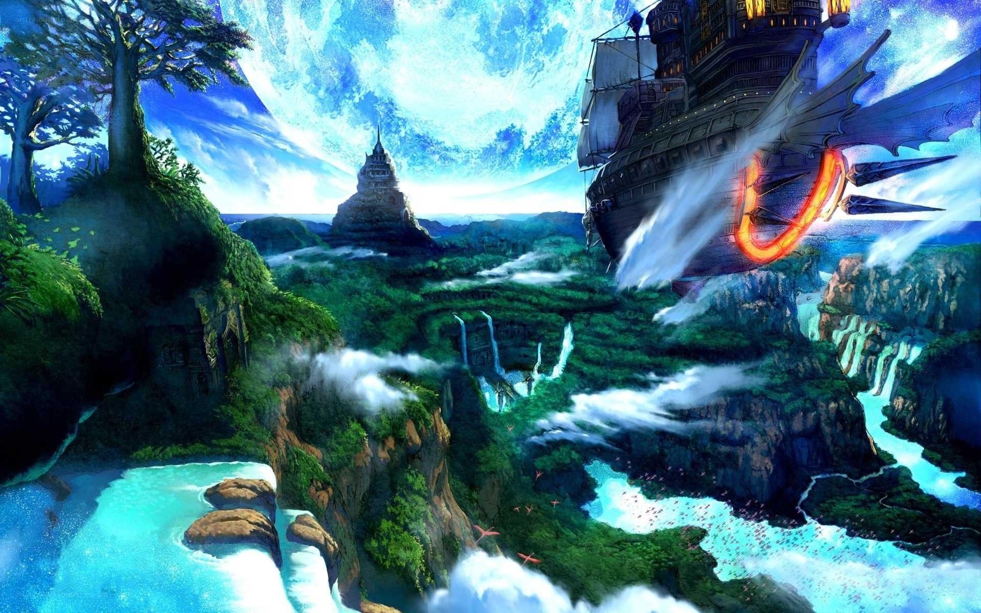 flying ship over lush canyon