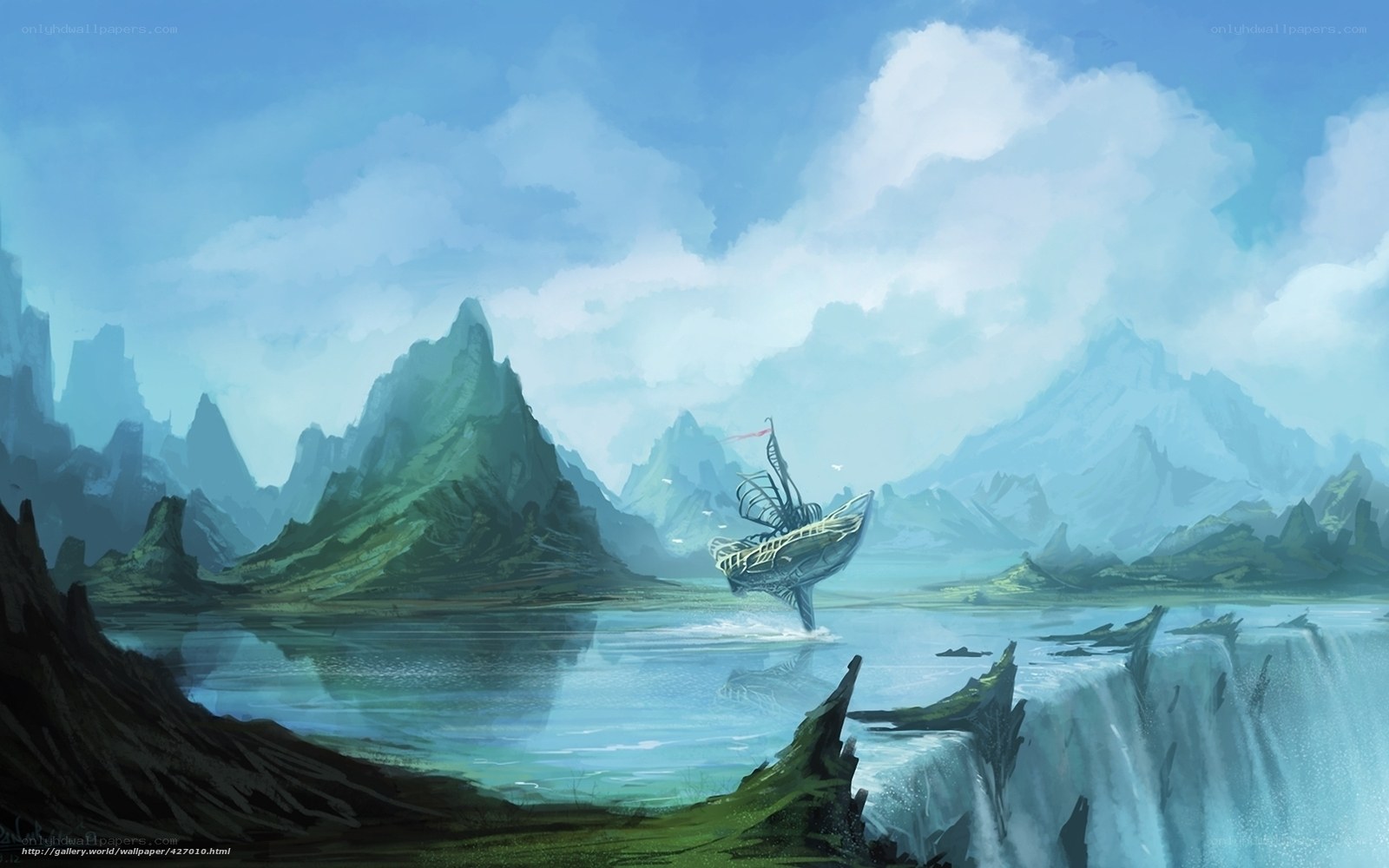 flying ship over mountain lake