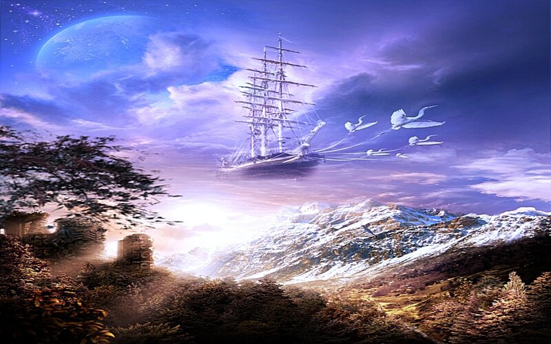 Flying ship over mountains