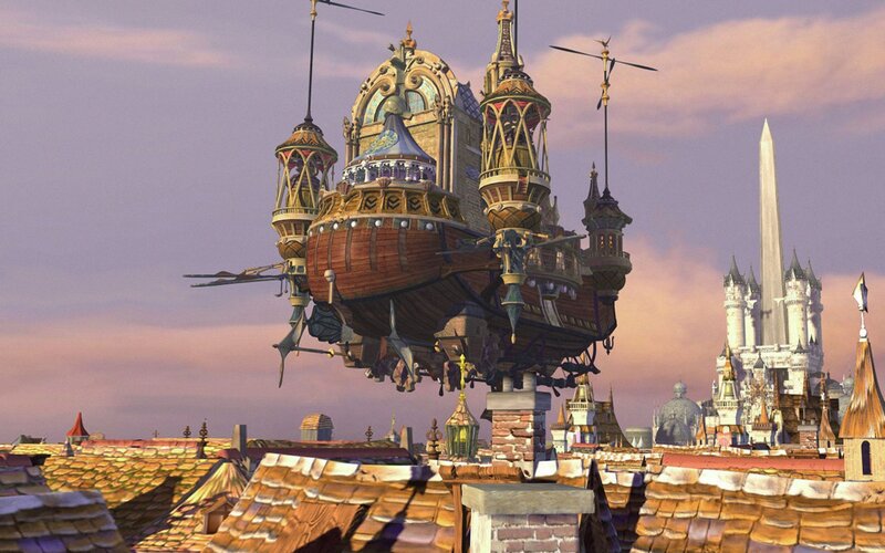 Flying Ship over Rooftops — Purple
