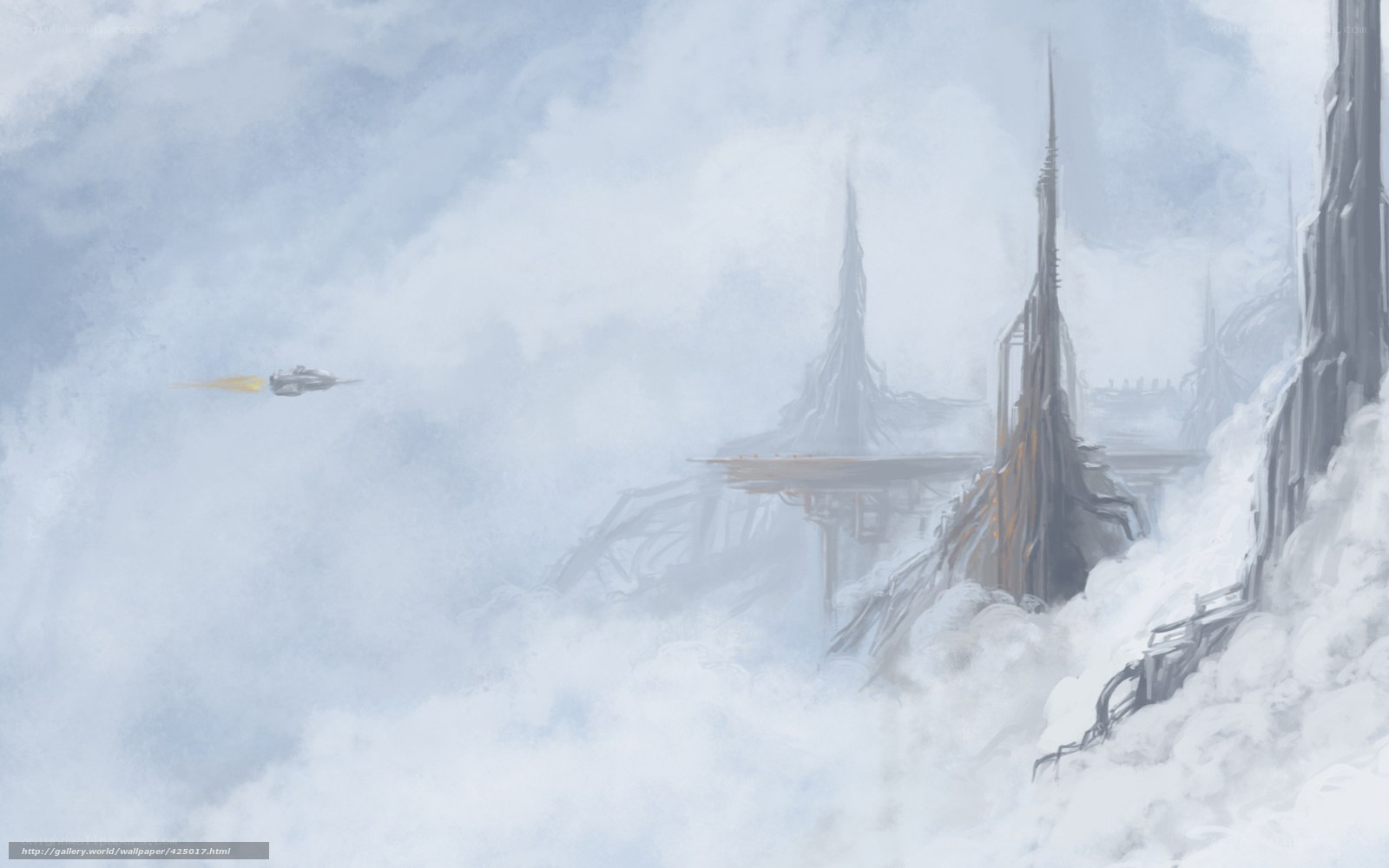 flying ship over snowy city