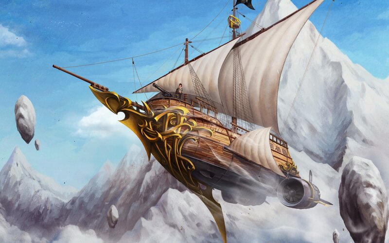 flying ship over snowy mountains