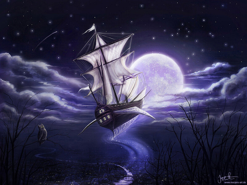 Flying ship under moonlight
