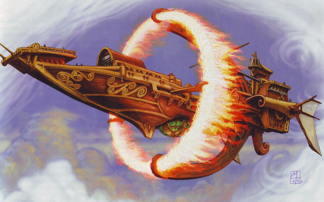 Flying ship with fire trail
