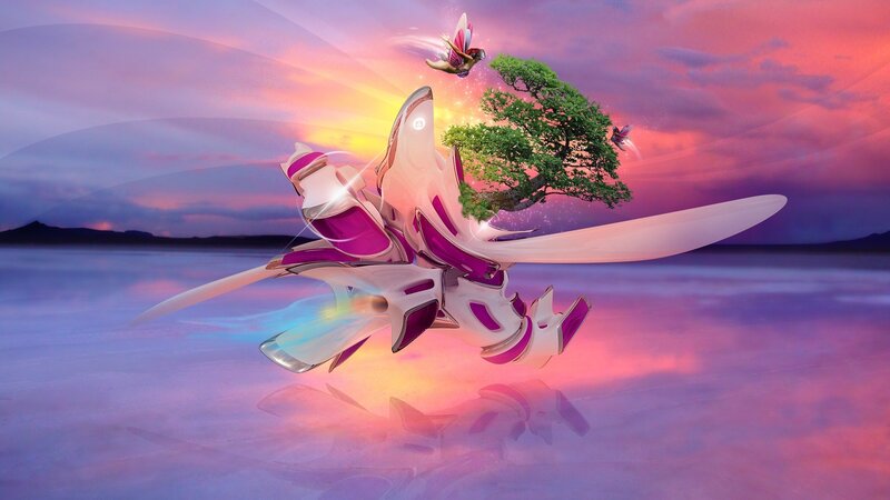 flying ship with tree at sunset