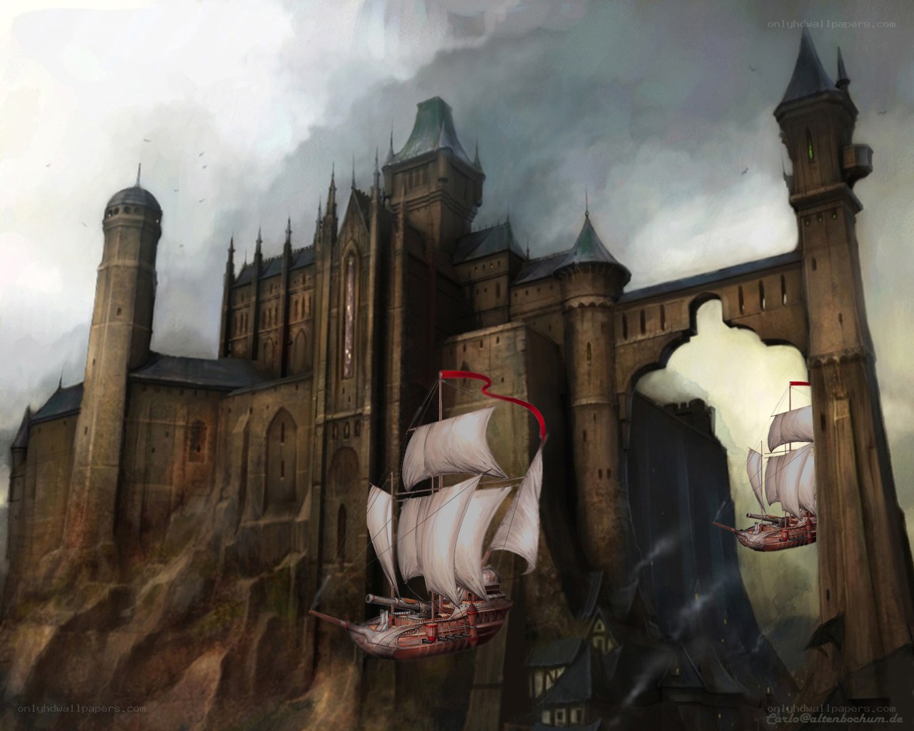 Flying ships at a castle