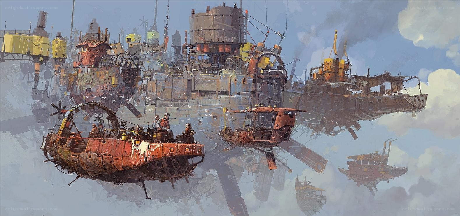 flying ships in a cloudy sky