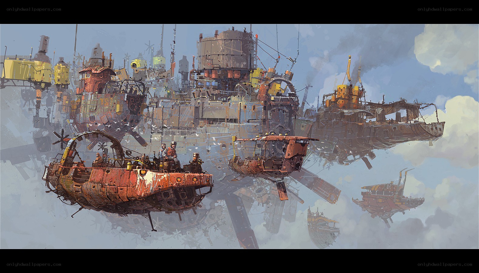 flying ships in a cloudy sky