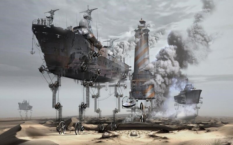 flying ships in a desert wasteland