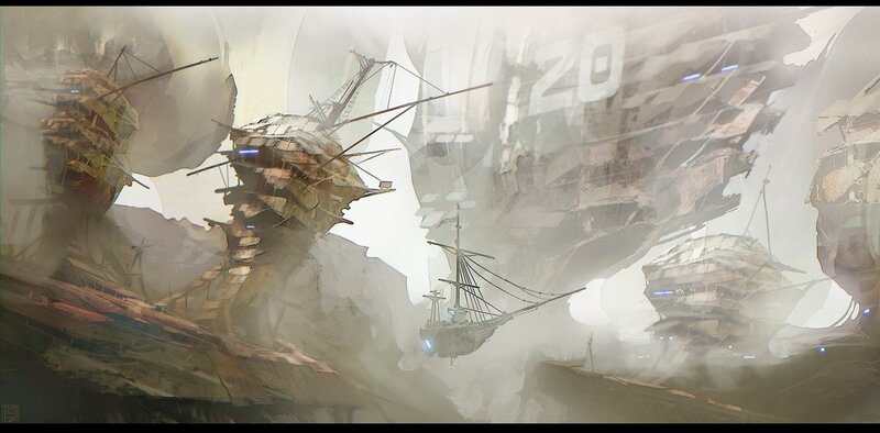 flying ships in a foggy sky