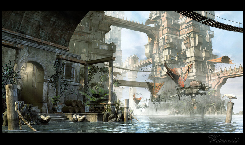 flying ships in a water city