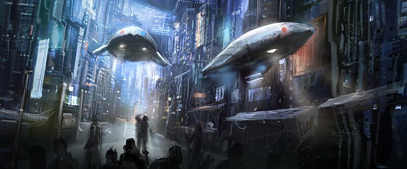 Flying Ships in City — Blue, Dramatic, Night