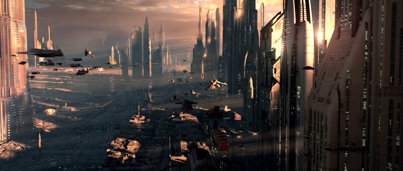 Flying Ships in City — Orange, Dramatic