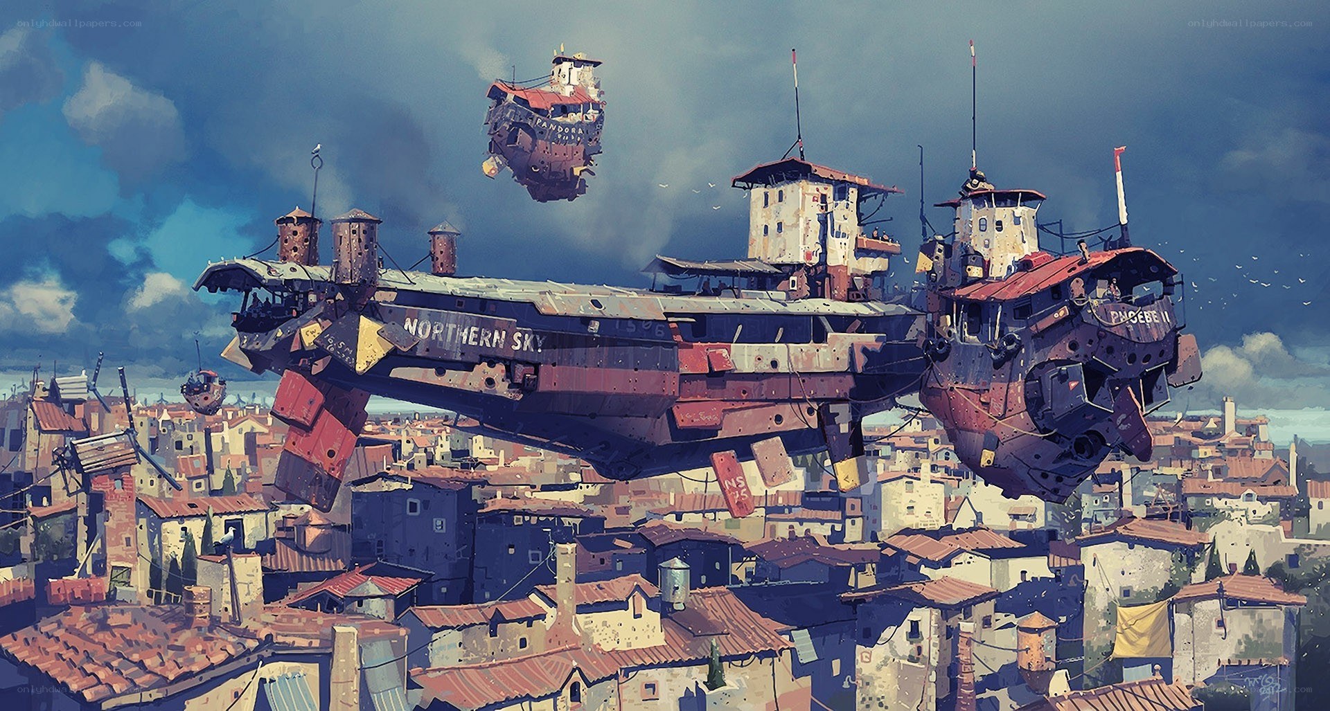 flying ships over a city
