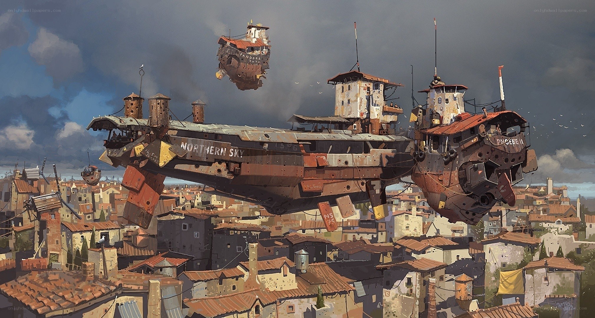 Flying ships over a city