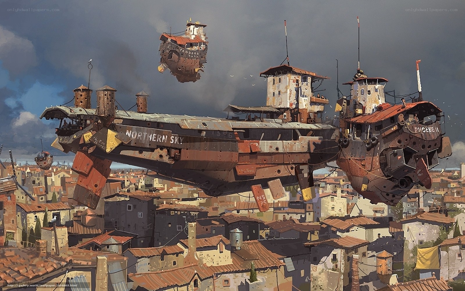 Flying ships over a city