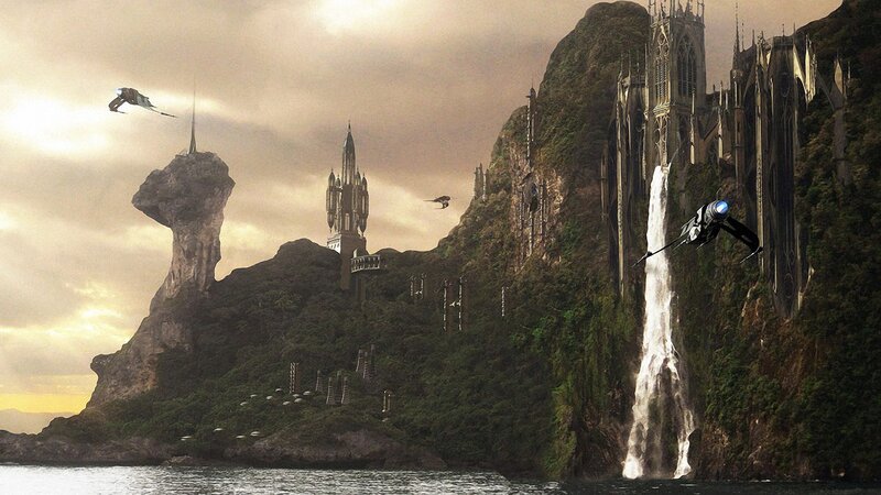 flying ships over a fantasy island