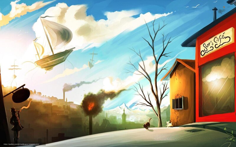 Flying ships over a town