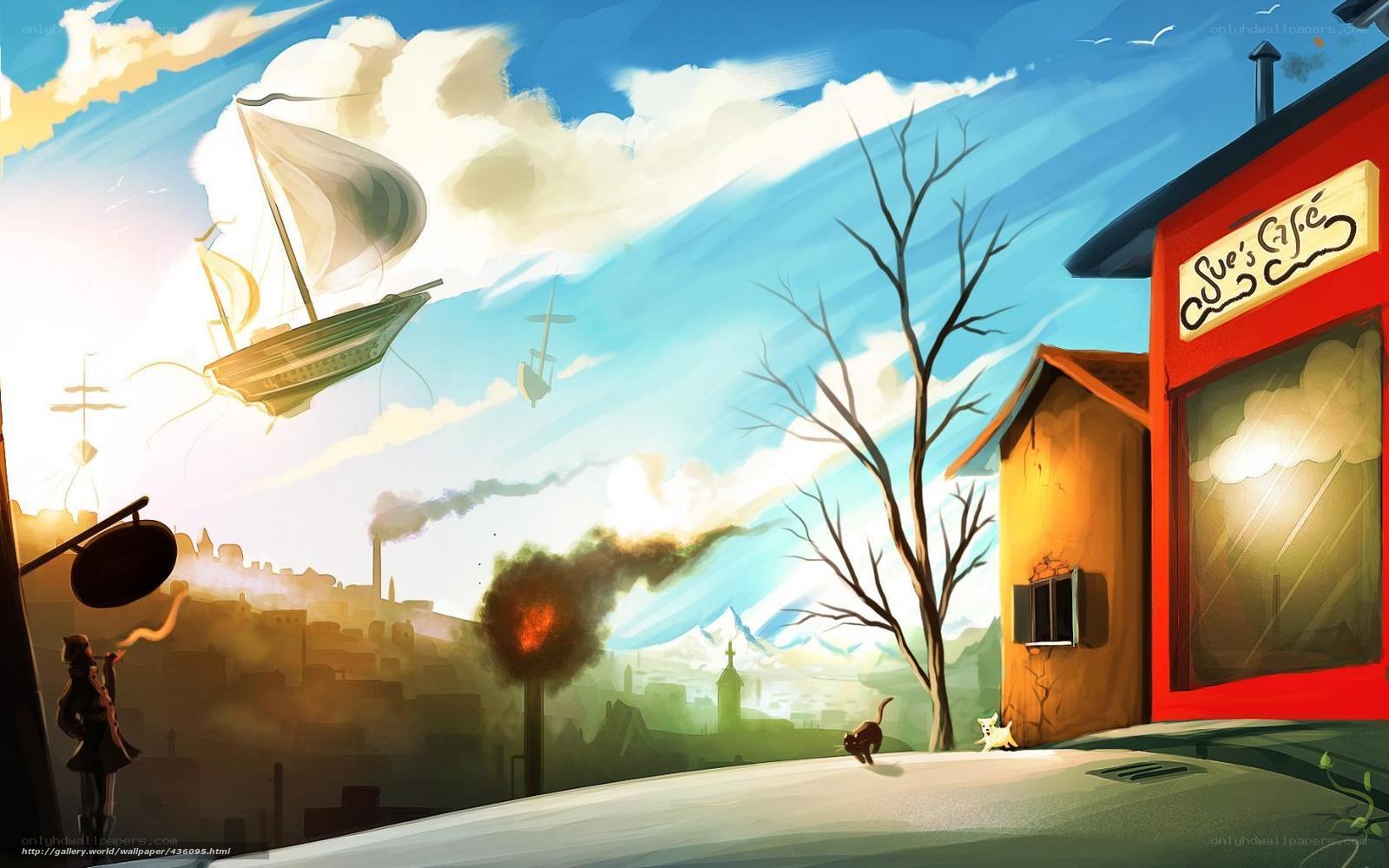 Flying ships over a town