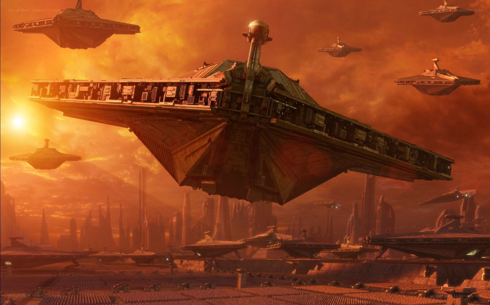 flying ships over alien city