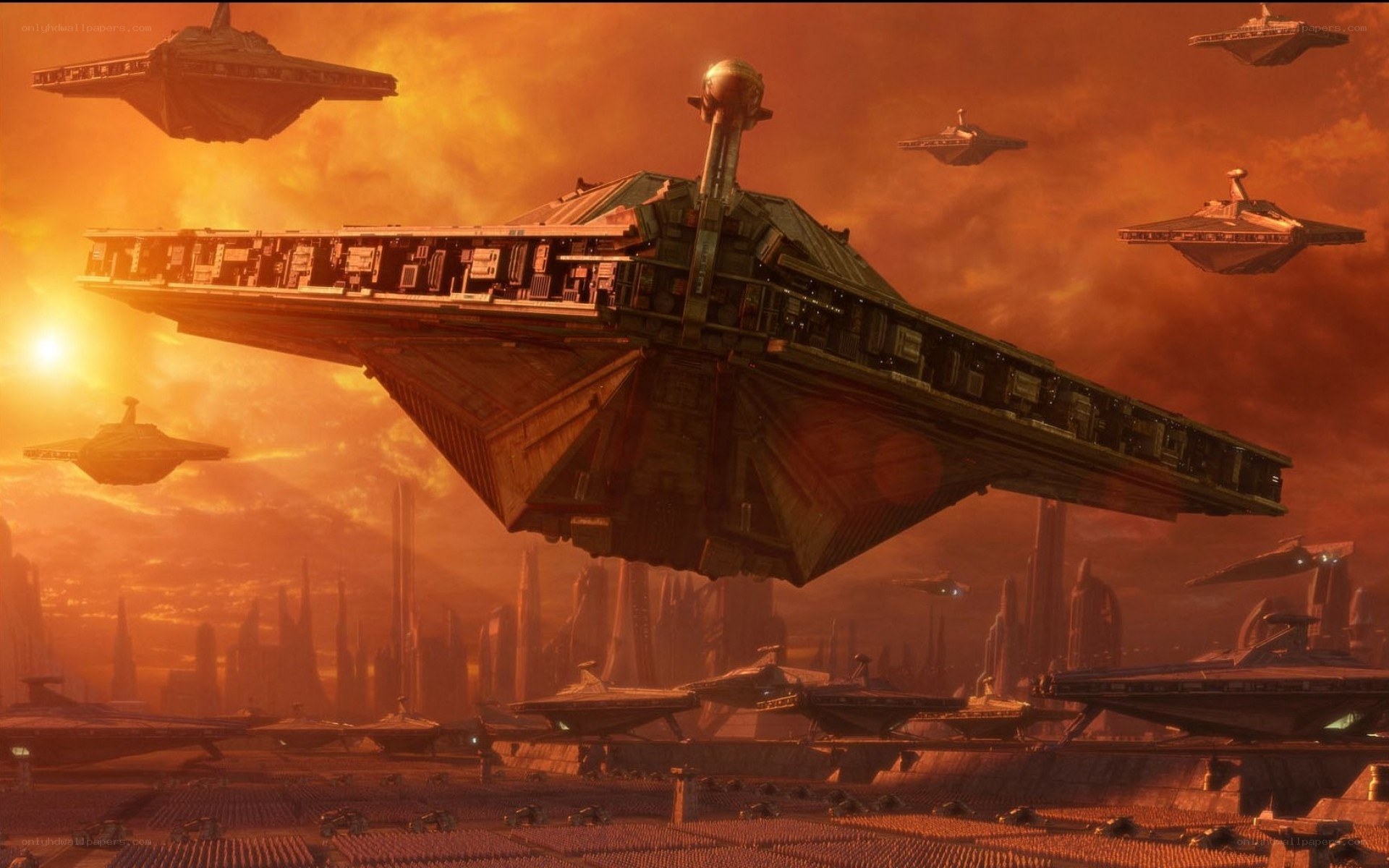 flying ships over alien city
