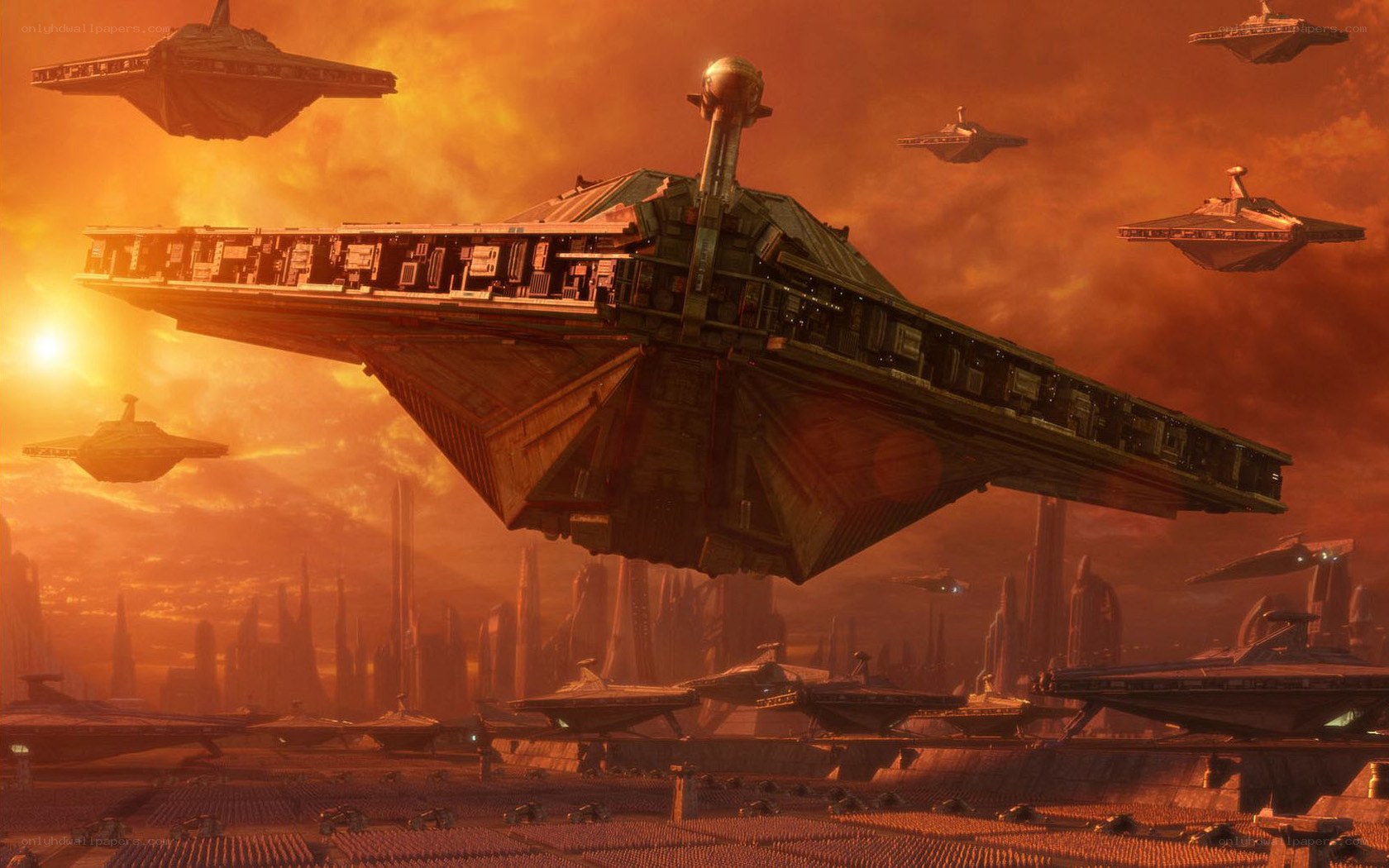 flying ships over alien city