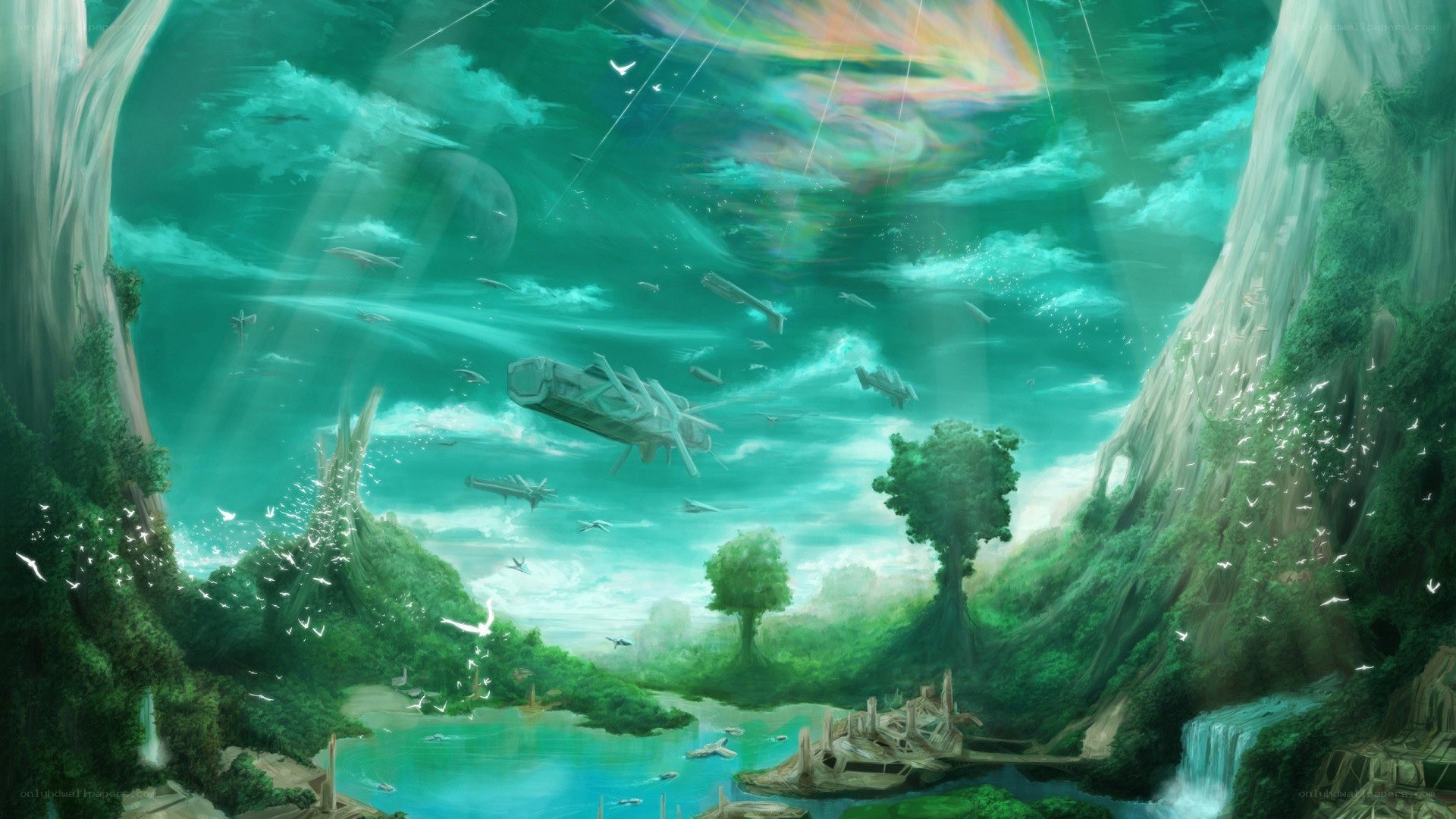 flying ships over alien landscape