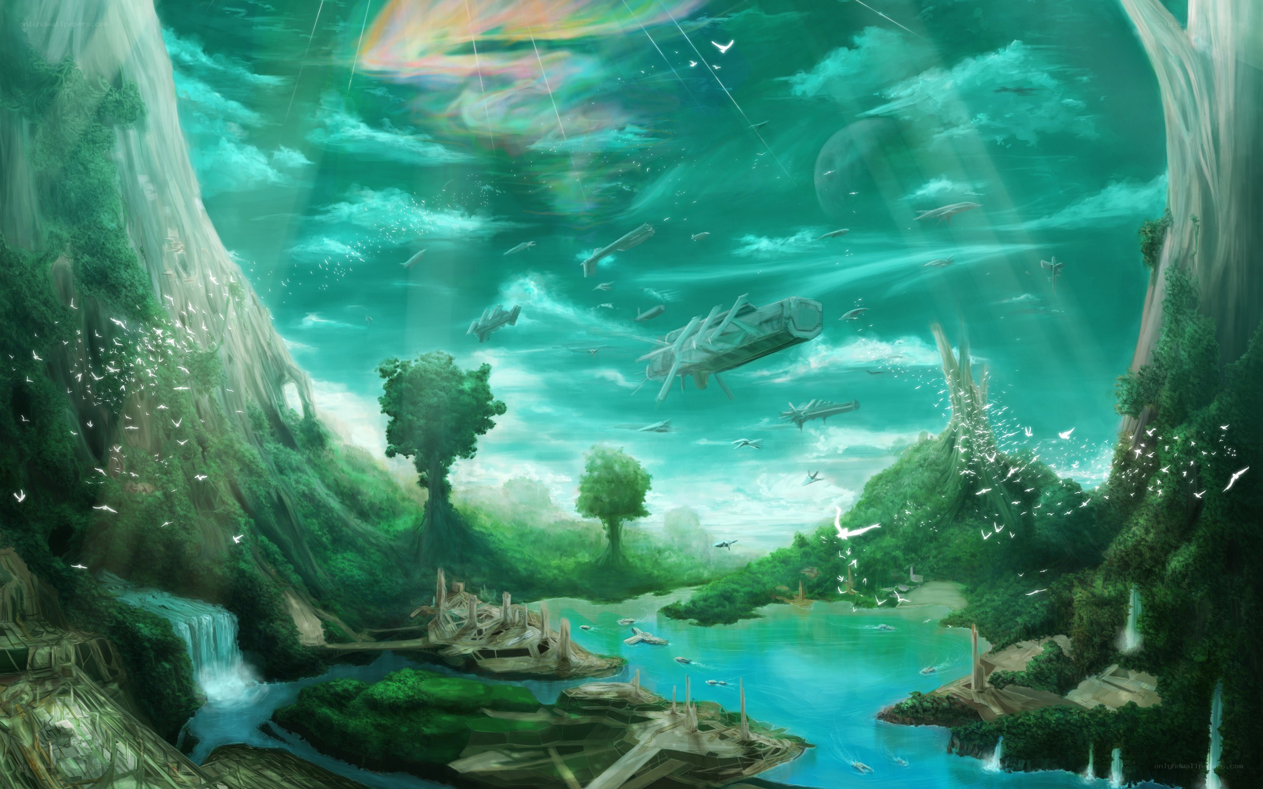 flying ships over alien landscape