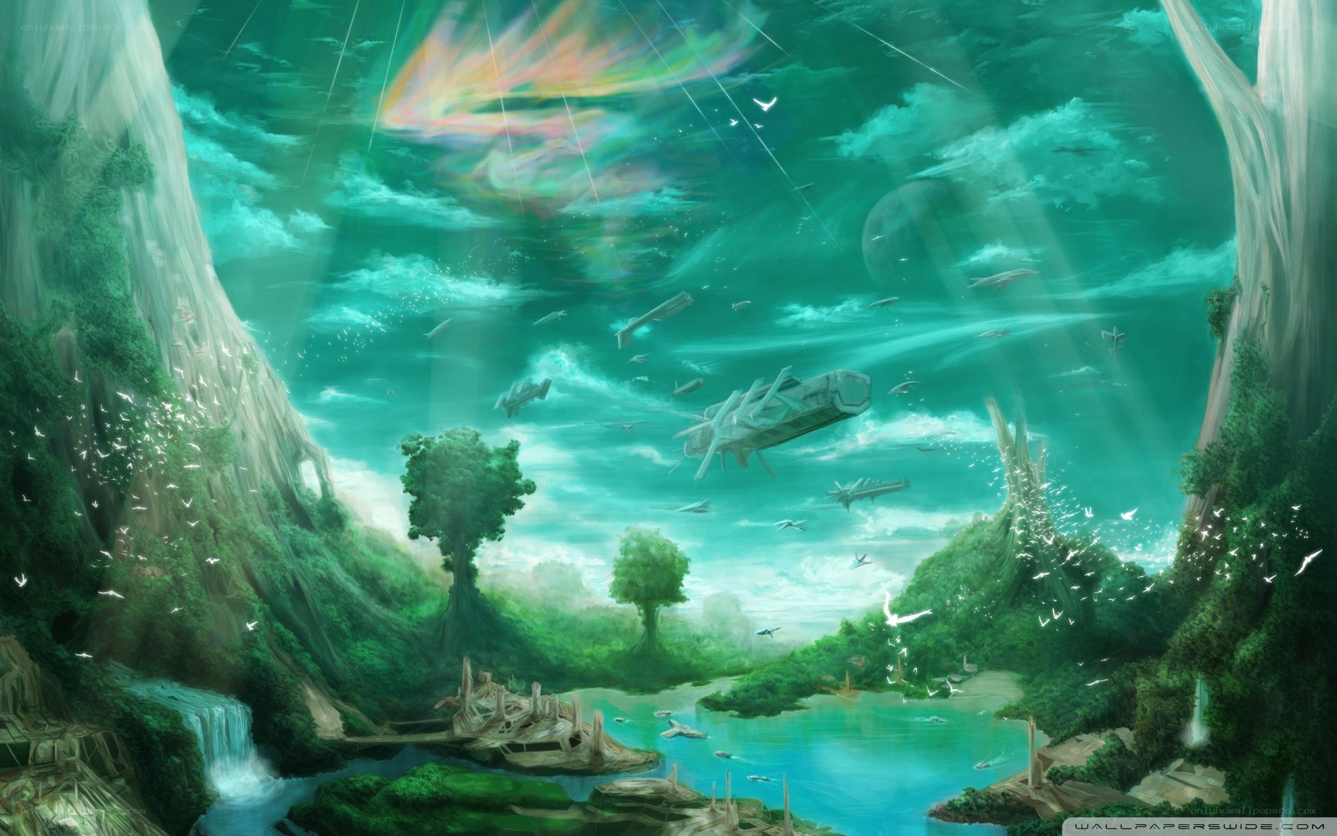 flying ships over alien landscape