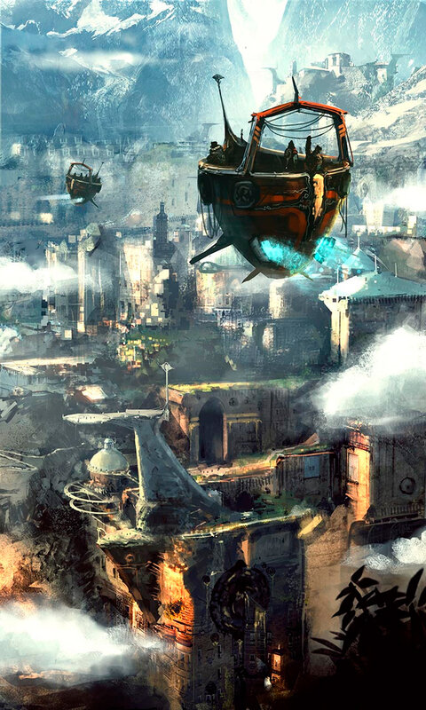 Flying Ships over City — Blue, Dramatic, Digital Art