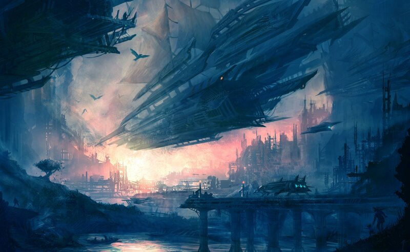 Flying Ships over City — Blue, Dramatic