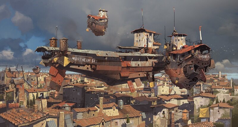 Flying Ships over City — Brown, Dramatic, Afternoon