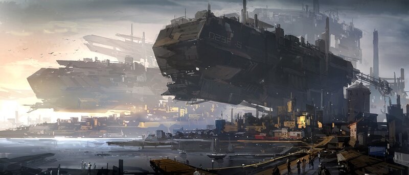 Flying Ships over City — Gray, Dramatic, Sunset, Digital Art