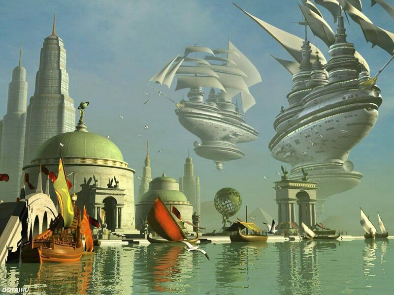 Flying Ships over City — Green, Fantastical