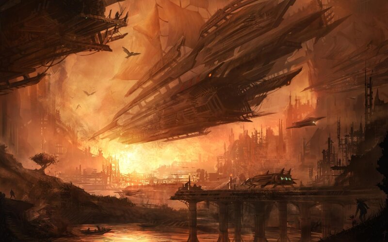 Flying Ships over City — Orange, Dramatic, Sunset, Digital Art, Bridge