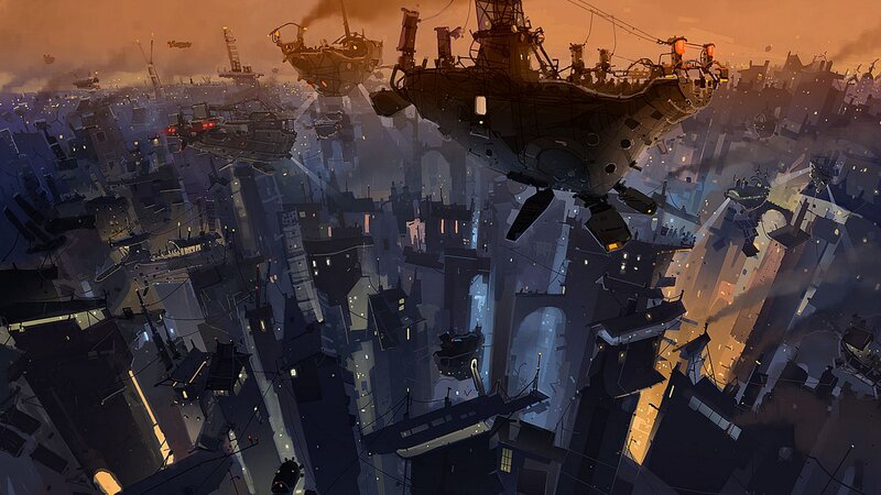 Flying Ships over City — Orange, Dramatic, Sunset, Digital Art