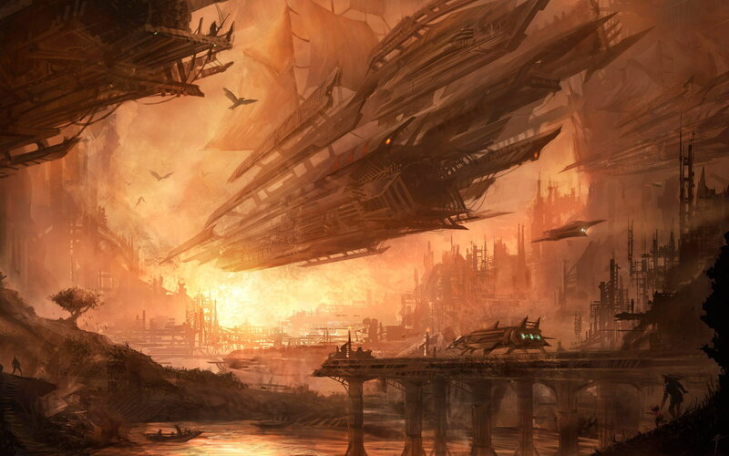 Flying Ships over City — Orange, Dramatic, Sunset