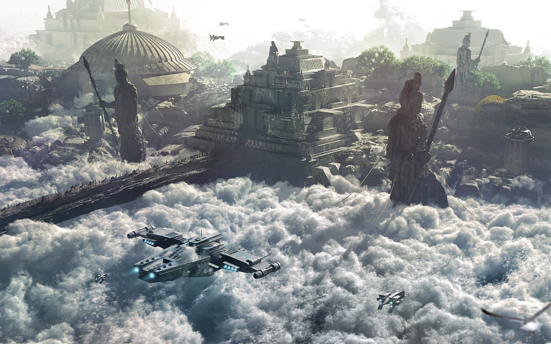 flying ships over cloud city