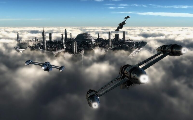 flying ships over cloud city