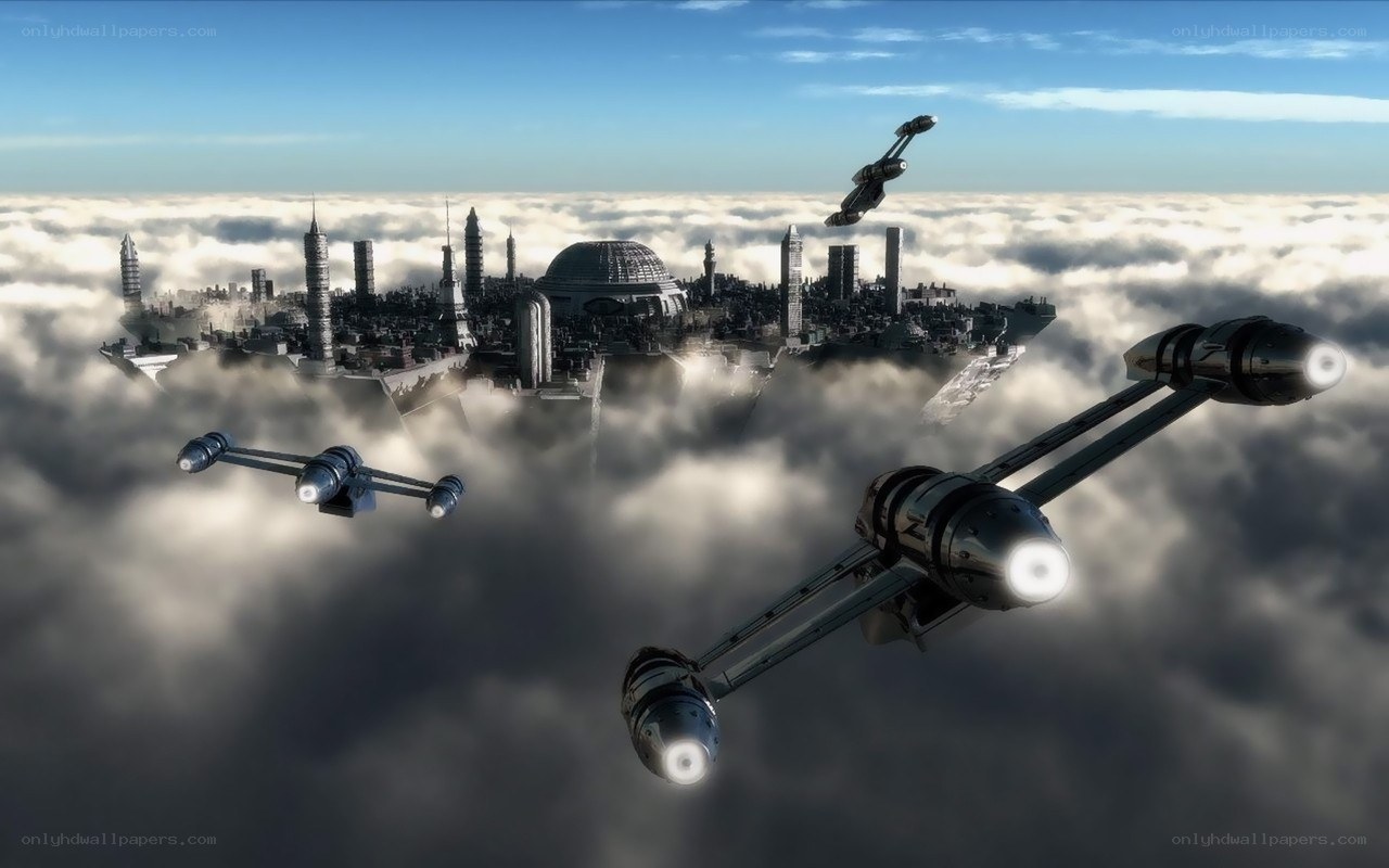 flying ships over cloud city