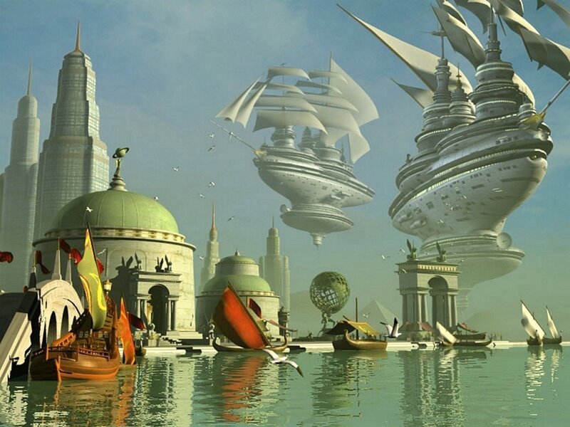 flying ships over futuristic city